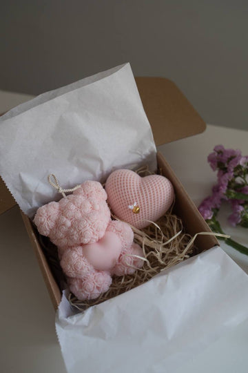 Teddy Bear and Heart Soy Candle Gift Set – Pink