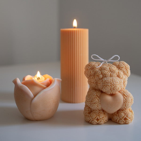 Rose Teddy Bear Candle with Heart – Handmade Soy Wax Gift for Her, Baby Shower, or Valentine's Day